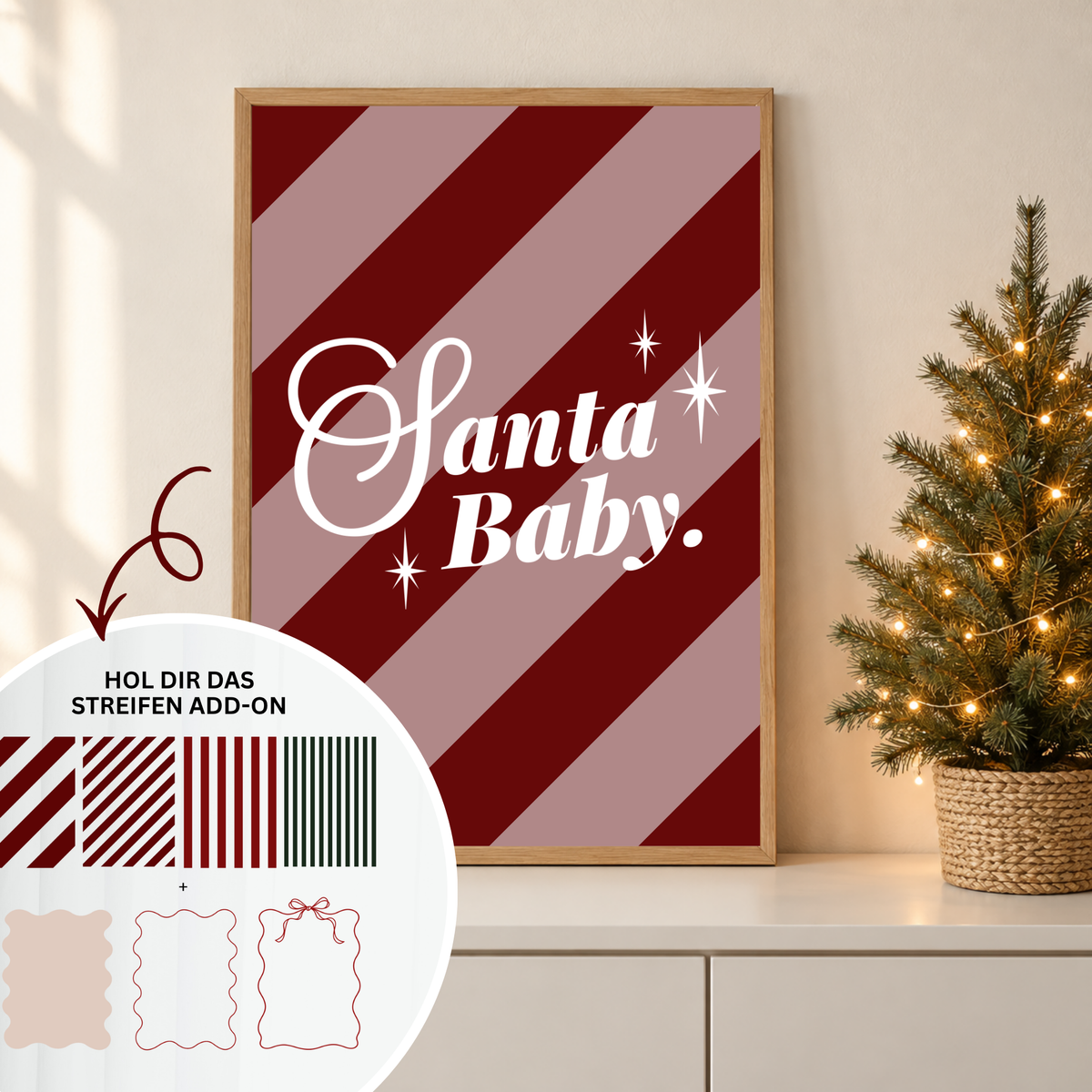 Santa Baby Weihnachtsschriftzug kombiniert mit gestreiftem Christmas Background als mehrfarbiges DIY Plotterdesign.