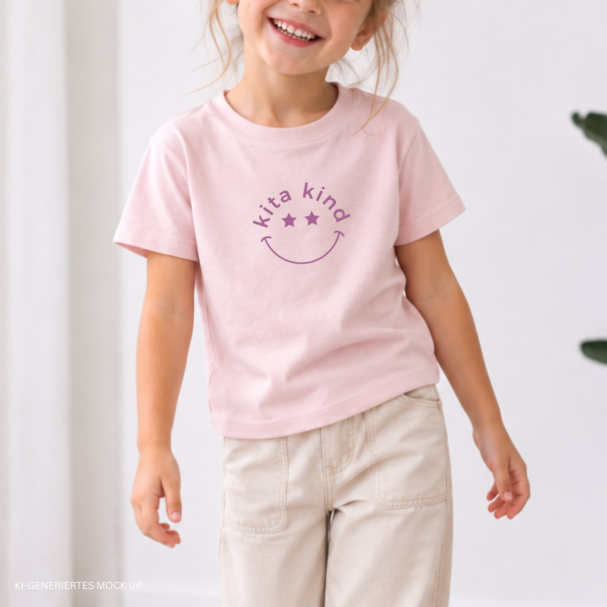 Digitale Plotterdatei „Kita Kind“ – Smiley mit Sternaugen im Kreis für den ersten Kindergartenstart. Perfekt für T-Shirts, Taschen und Kindergartenartikel.