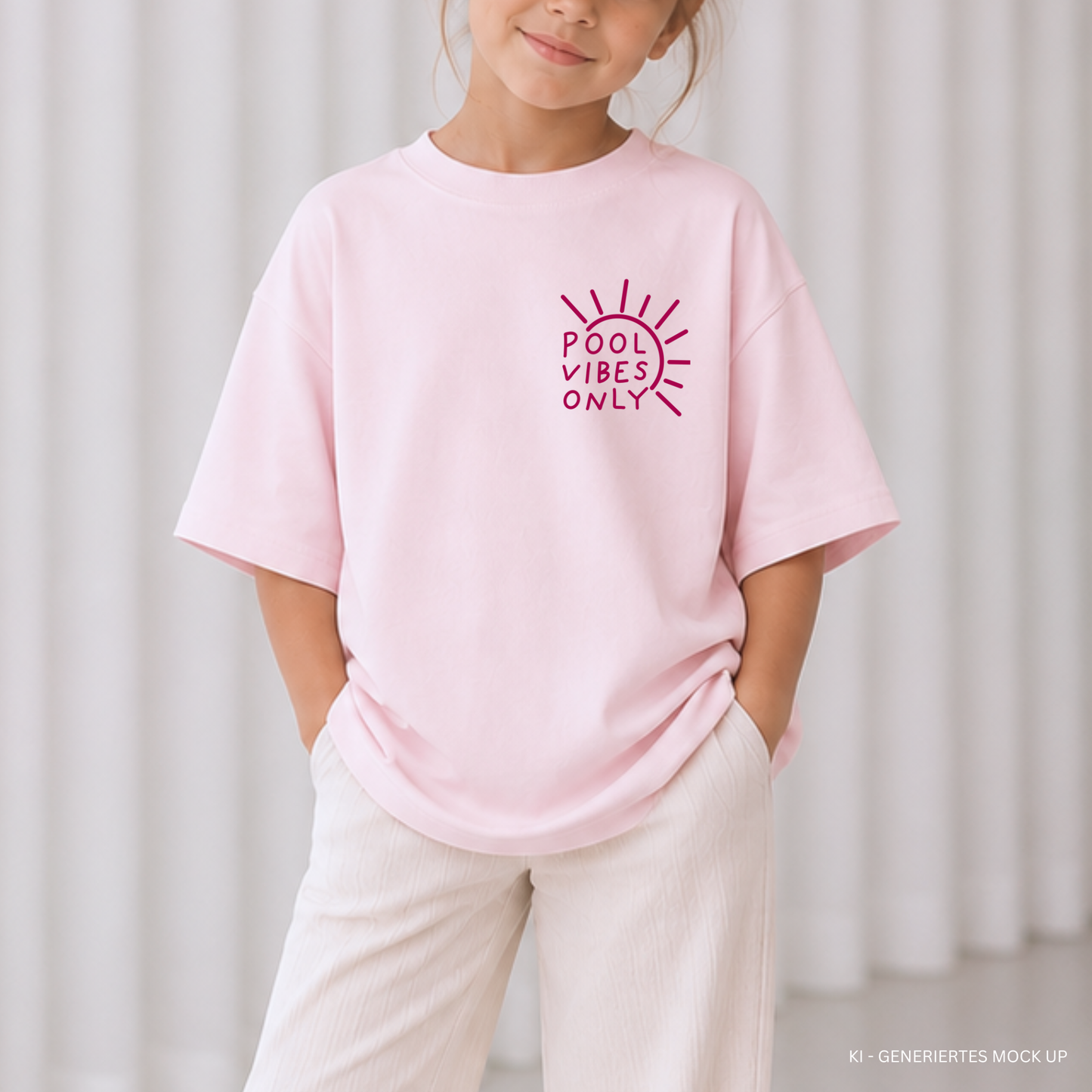 Digitale Plotterdatei „Summer Vibes“ – Ein Design mit fröhlichen Symbolen wie Palme, Flip-Flops und Wassermelone, kombiniert mit den Schriftzügen „Pool Vibes Only“ und „Good Vibes Only“. Ideal für Familien- und Partner-Outfits.