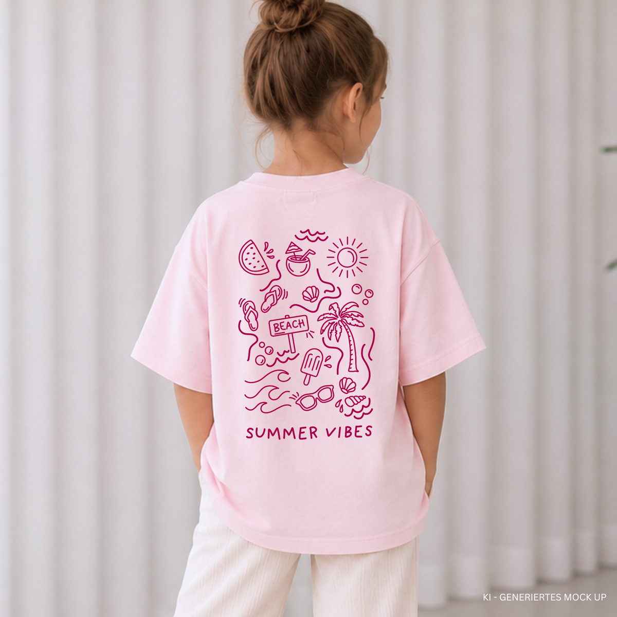Digitale Plotterdatei „Summer Vibes“ – Ein Design mit fröhlichen Symbolen wie Palme, Flip-Flops und Wassermelone, kombiniert mit den Schriftzügen „Pool Vibes Only“ und „Good Vibes Only“. Ideal für Familien- und Partner-Outfits.