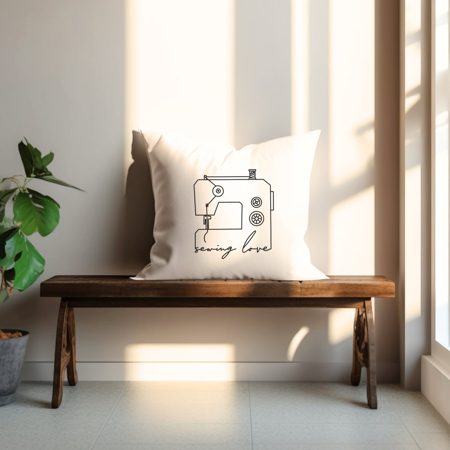 Plotterdatei „Sewing Love“ – minimalistische Line Art Nähmaschine mit Schriftzug. DIY Design für Näher, perfekt für Shirts, Hoodies & Taschen.