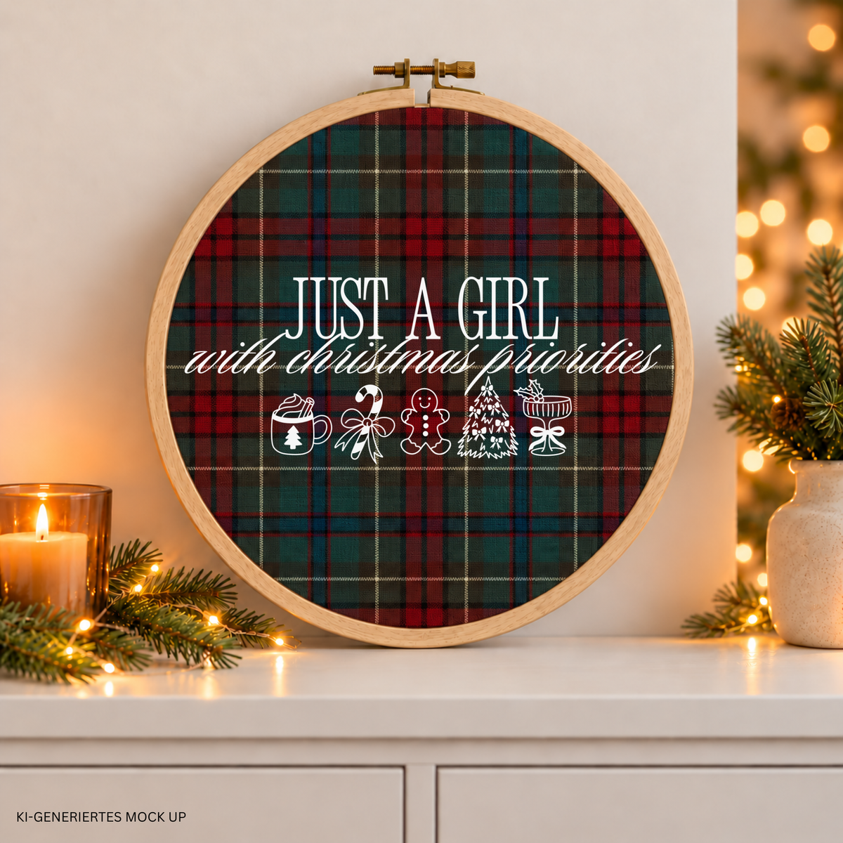 Weihnachts Plotterdatei Just a Girl with Christmas Priorities mit Schriftzug, Kakao, Zuckerstange, Lebkuchenmann, Weihnachtsbaum und weihnachtlichem Getränk.