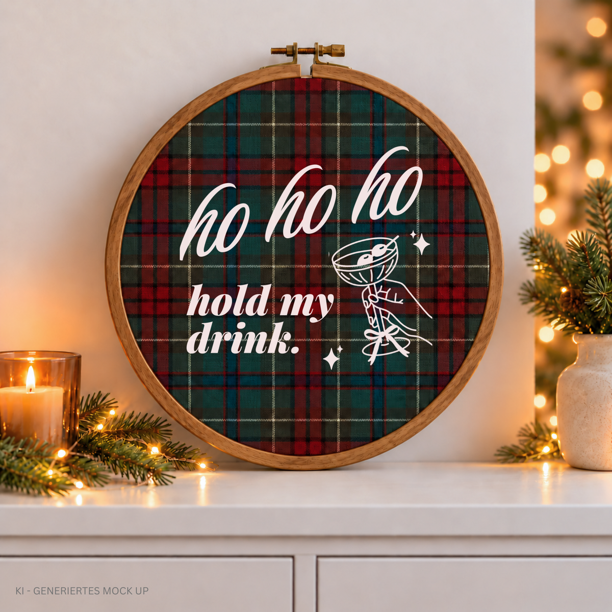 Ho Ho Ho Hold My Drink SVG Plotterdatei mit Martini-Glas als grüner Brustprint auf weißem Weihnachtssweater.