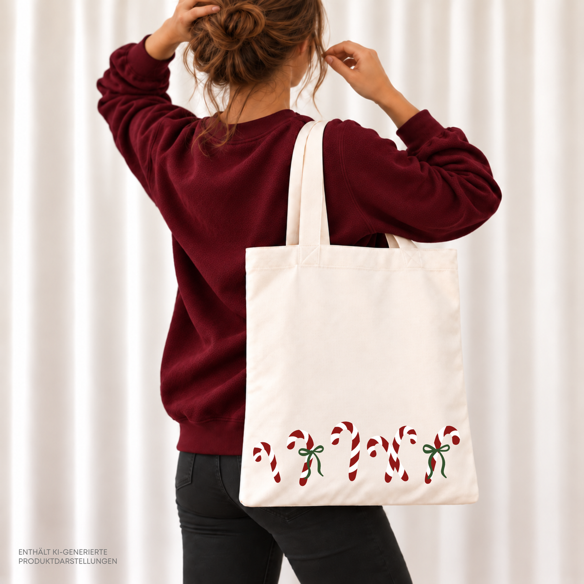 Candy Canes Plotterdatei mit rot-weißen Zuckerstangen und grünen Schleifen, gebogen entlang des Halsbündchens eines Christmas Sweatshirts.
