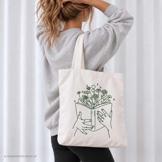 Digitale Plotterdatei mit floraler Line Art: Zwei Hände halten ein Buch, aus dem Blumen wachsen – für Bücherliebhaber*innen, Fantasy-Fans & DIY-Projekte.
