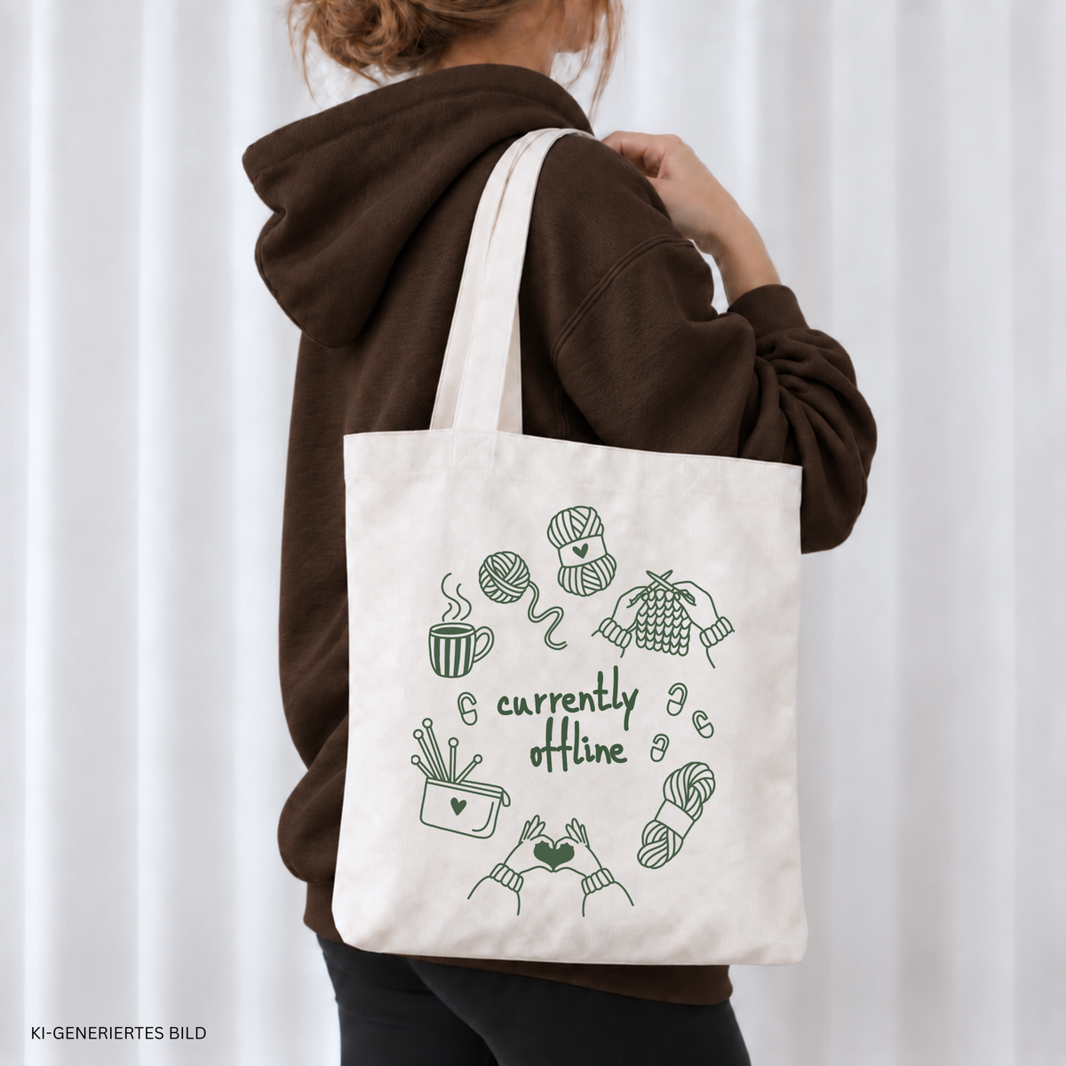 Plotterdatei Currently Offline zum Thema Stricken mit Wollknäueln, Stricknadeln, Strickstück, Tasse und Händen als moderne Line Art