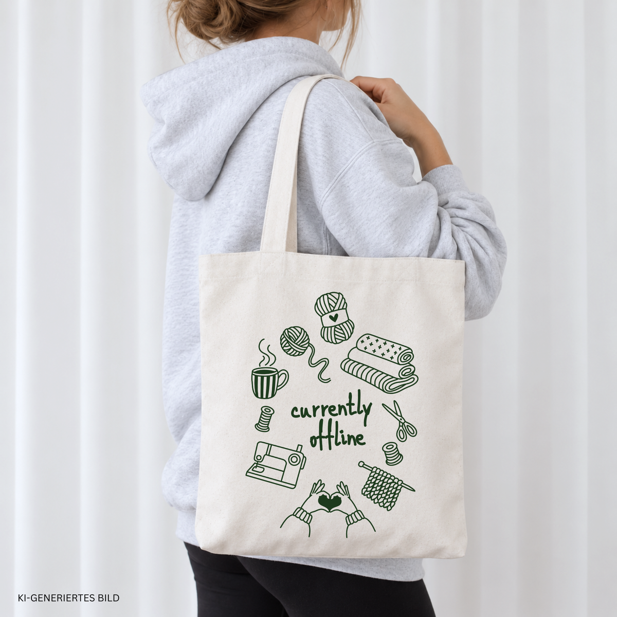 Plotterdatei Currently Offline zum Thema Stricken und Nähen mit Wollknäueln, Stoff, Nähmaschine, Strickstück, Garn, Schere und Tasse als Line Art