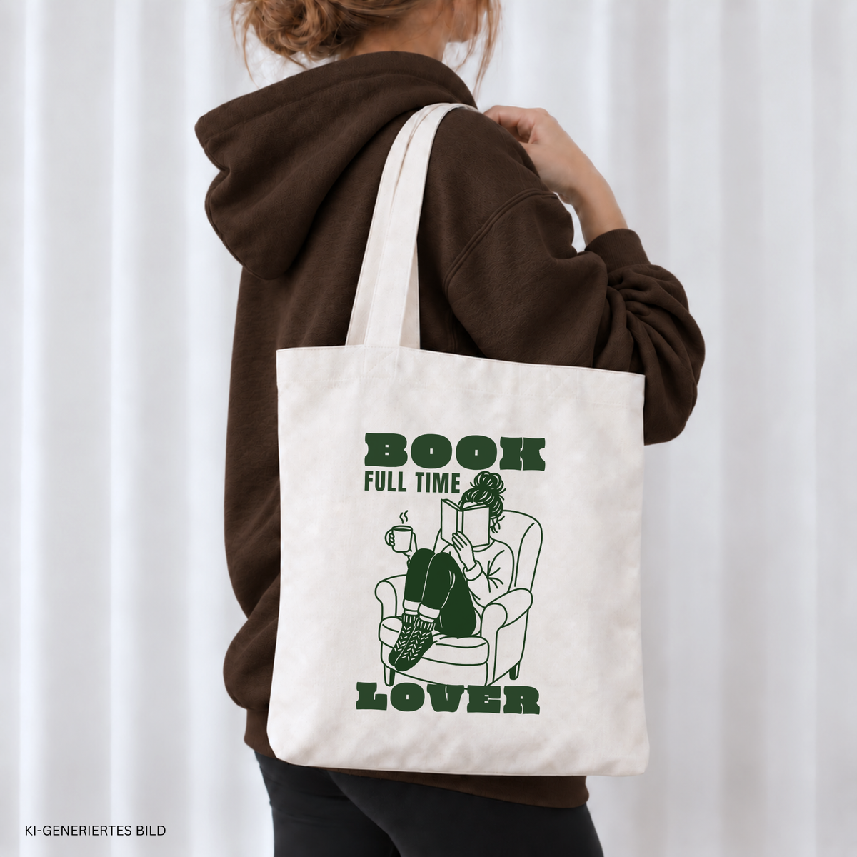 Plotterdatei Book Lover – Frau mit Buch und Tasse in Line Art Illustration, moderner Retro-Schriftzug für Sweater & DIY-Projekte.