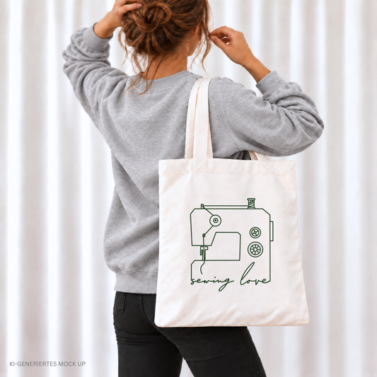 Plotterdatei „Sewing Love“ – minimalistische Line Art Nähmaschine mit Schriftzug. DIY Design für Näher, perfekt für Shirts, Hoodies & Taschen.