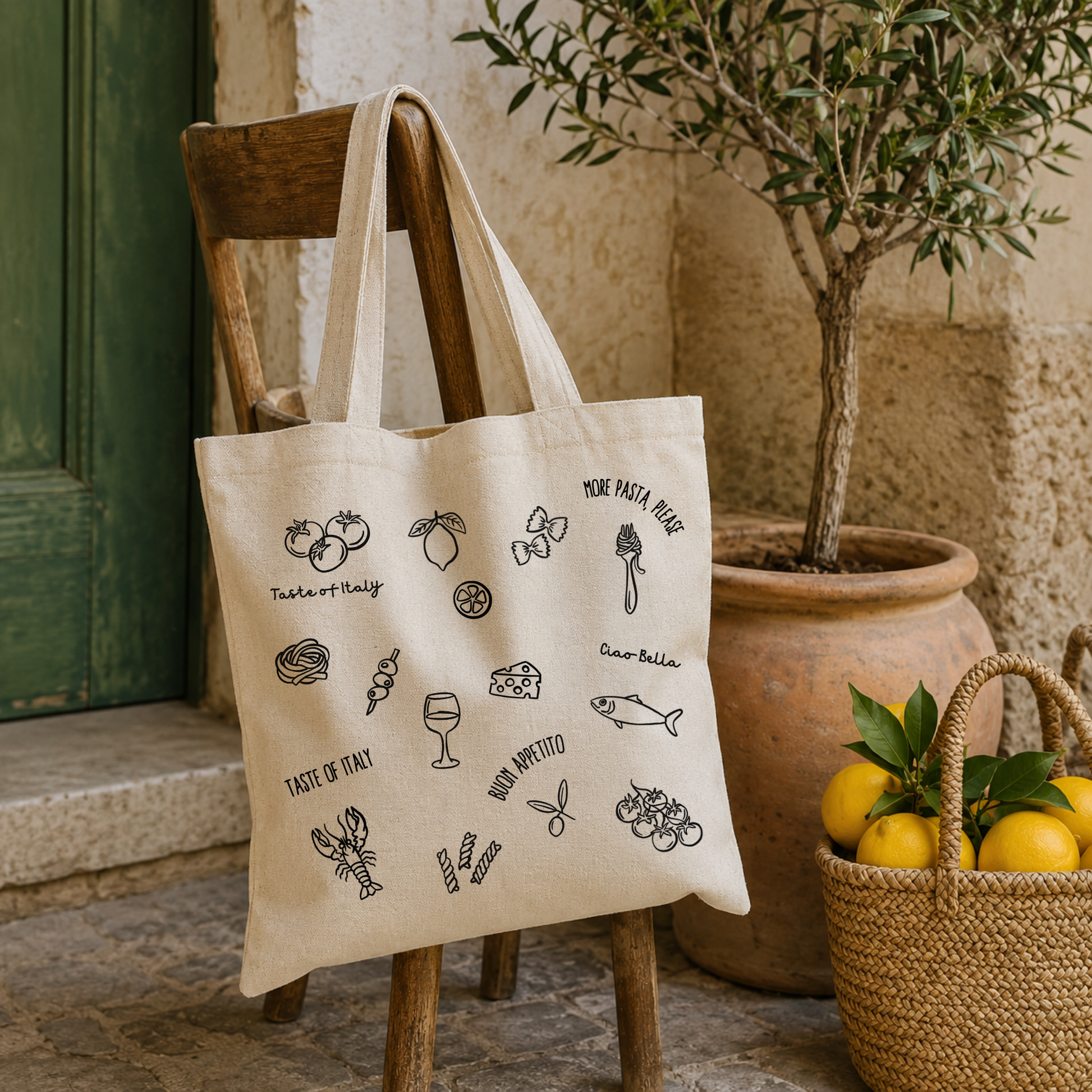Plotterdatei „Taste of Italy“ mit italienischen Symbolen wie Pasta, Wein, Zitrone, Tomaten, Fisch, Garnelen und Dolce Vita Sprüchen, SVG DXF PNG