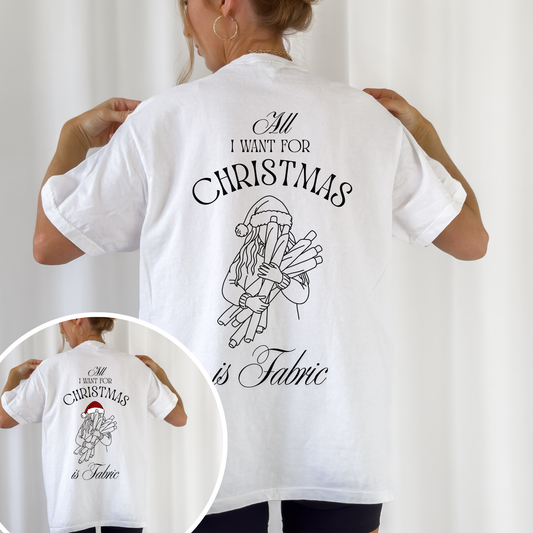 Plotterdatei im Line Art Stil für Nähfans – Frau mit Stoffrollen, festliches Weihnachtsmotiv All I want for Christmas is Fabric für Shirts, Sweater und Deko.