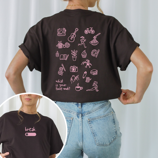 Plotterdatei „Break“ mit dem Spruch „what is your time out?“ und vielen kleinen Symbolen für verschiedene Hobbys wie Stricken, Nähen, Backen, Radfahren, Kochen und Laufen. Minimalistisches Line-Art-Design, entstanden in Kooperation mit Sandrina von @sunnio.sewingstorys. Ideal für Shirts, Taschen und kreative DIY-Projekte.