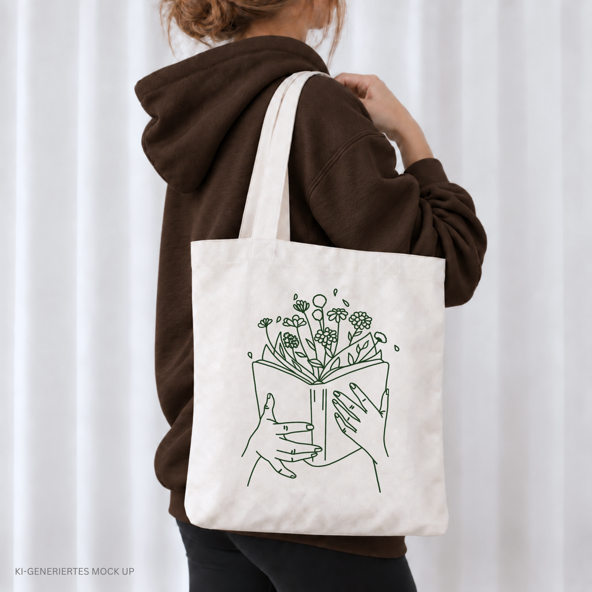 Digitale Plotterdatei mit floraler Line Art: Zwei Hände halten ein Buch, aus dem Blumen wachsen – für Bücherliebhaber*innen, Fantasy-Fans & DIY-Projekte.