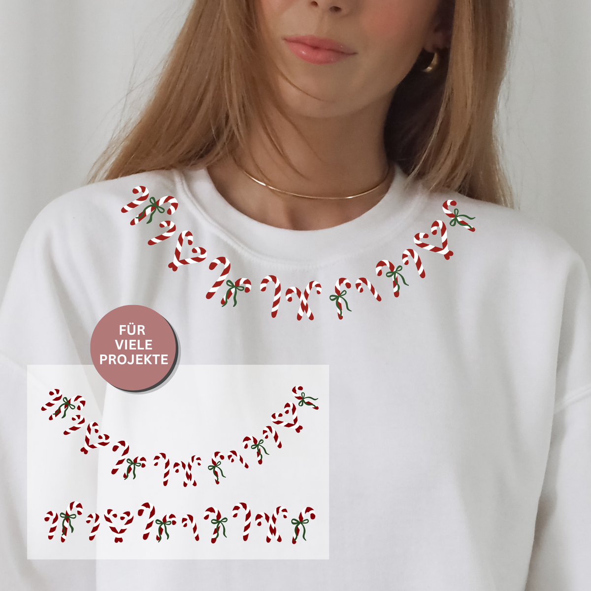 Candy Canes Plotterdatei mit rot-weißen Zuckerstangen und grünen Schleifen, gebogen entlang des Halsbündchens eines Christmas Sweatshirts.