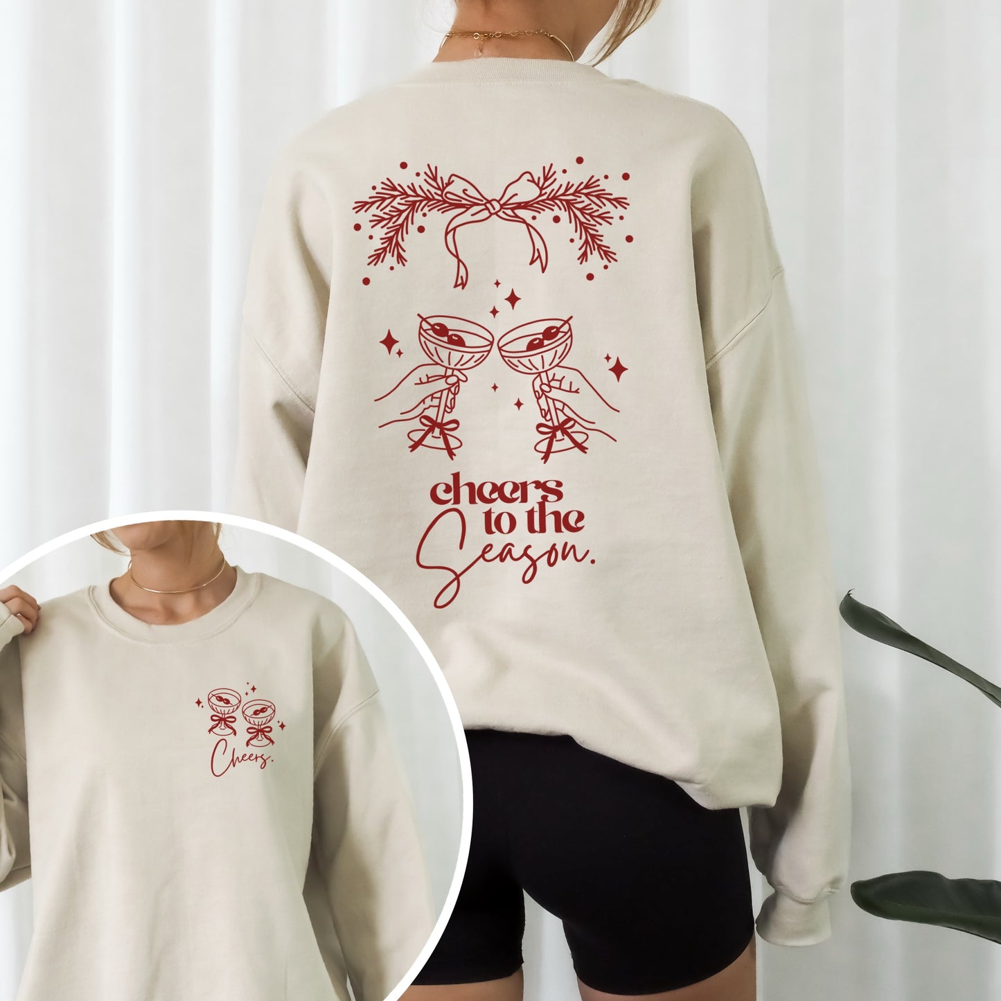 Zweiteilige Plotterdatei Weihnachten – Cheers to the Season, festliches Design mit Gläsern, Schleife & Zweigen für Christmas Sweater & DIY-Projekte.“