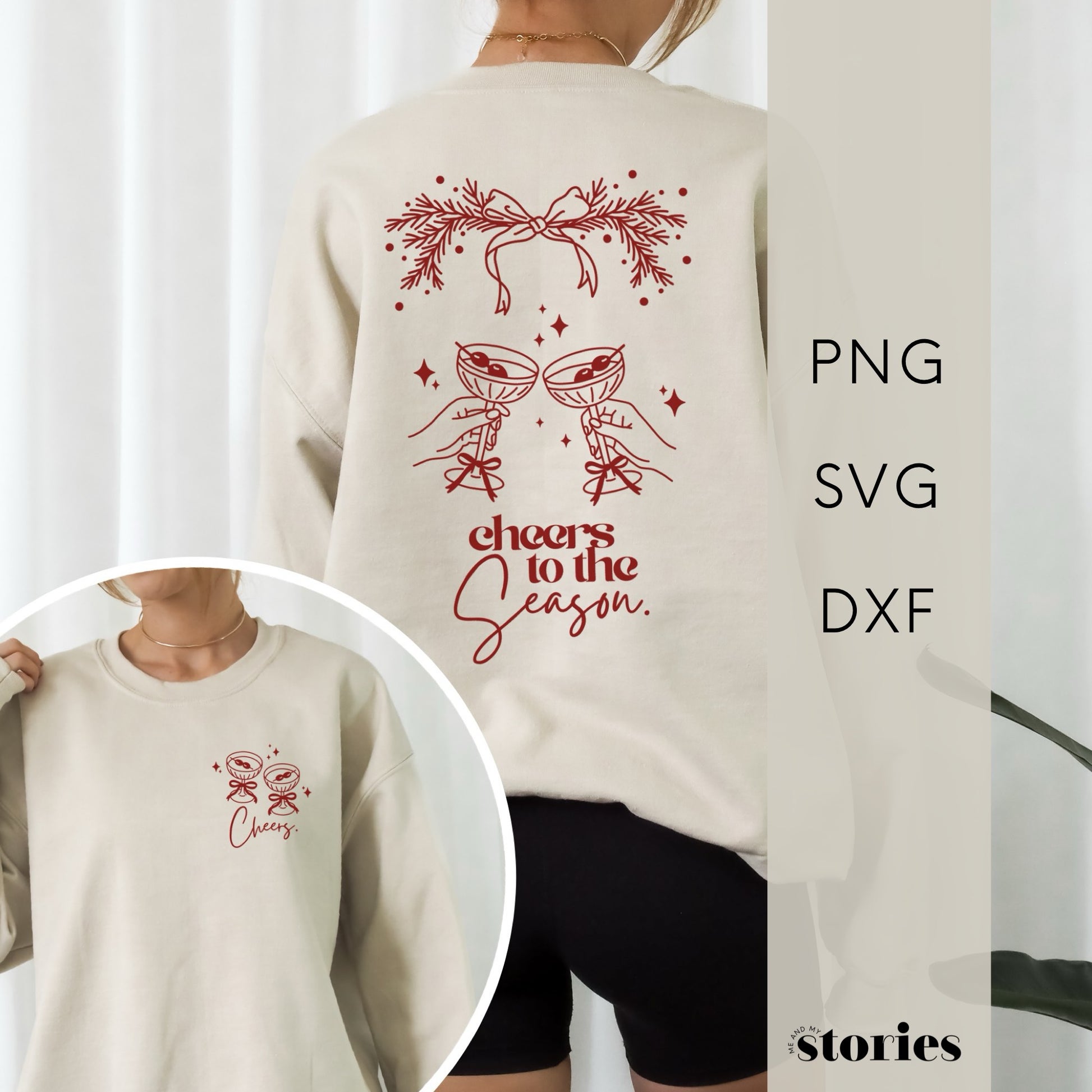 Zweiteilige Plotterdatei Weihnachten – Cheers to the Season, festliches Design mit Gläsern, Schleife & Zweigen für Christmas Sweater & DIY-Projekte.“