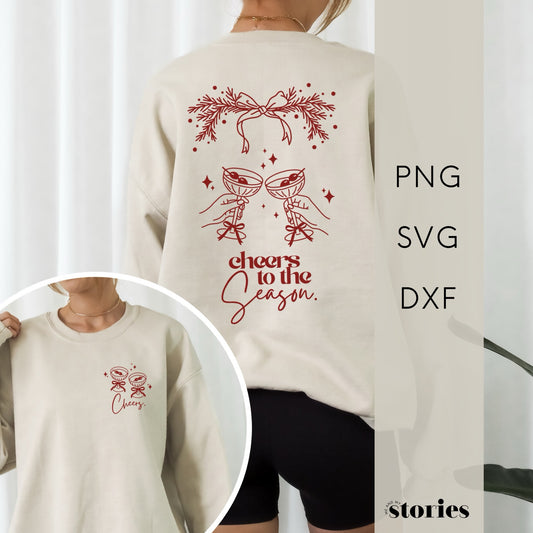 Zweiteilige Plotterdatei Weihnachten – Cheers to the Season, festliches Design mit Gläsern, Schleife & Zweigen für Christmas Sweater & DIY-Projekte.“