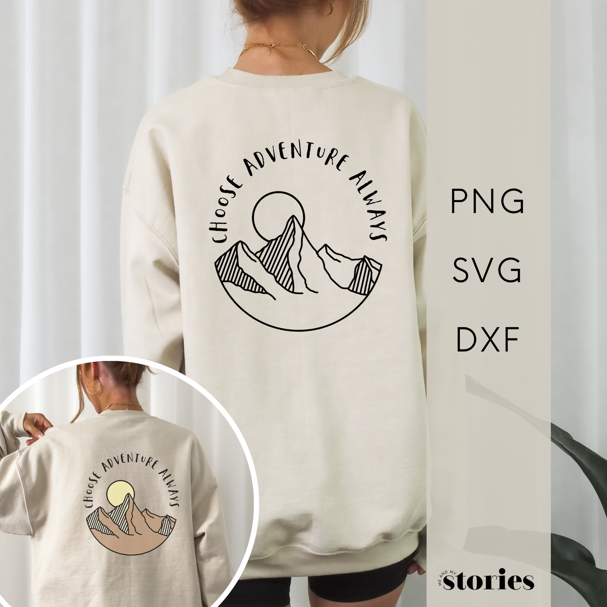 Digitale Plotterdatei mit dem Spruch „Choose Adventure Always“ im Halbkreis und modernen Bergen im Line Art Stil – perfektes Design für Reise- und Abenteuerprojekte.