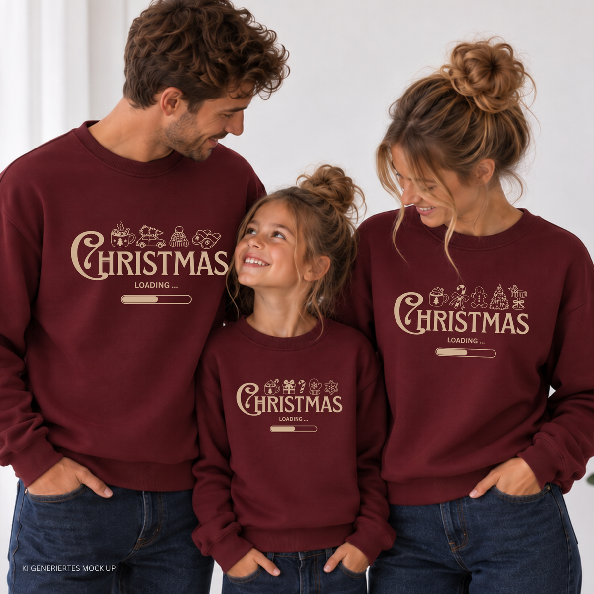 Matching Family Christmas Sweater mit Christmas Loading Plotterdatei – drei weinrote Weihnachtspullover für Mama, Papa und Kind mit individuellen Weihnachtssymbolen.