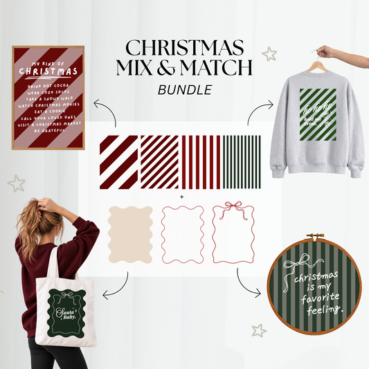 Christmas Mix & Match Bundle mit 5 weihnachtlichen Plotterdateien, 7 kombinierbaren Streifen- und Hintergrunddesigns sowie 4 passenden Weihnachtsmotiven für Sweater, Stoffbeutel und DIY-Weihnachtsdeko.