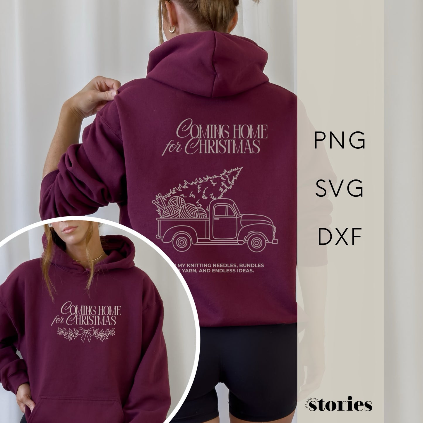 Weihnachtliche Plotterdatei Coming Home for Christmas – Truck mit Wollknäueln und Stricknadeln im Line Art Stil. Perfekt für Christmas Sweater & DIY-Projekte für Strickfans.“