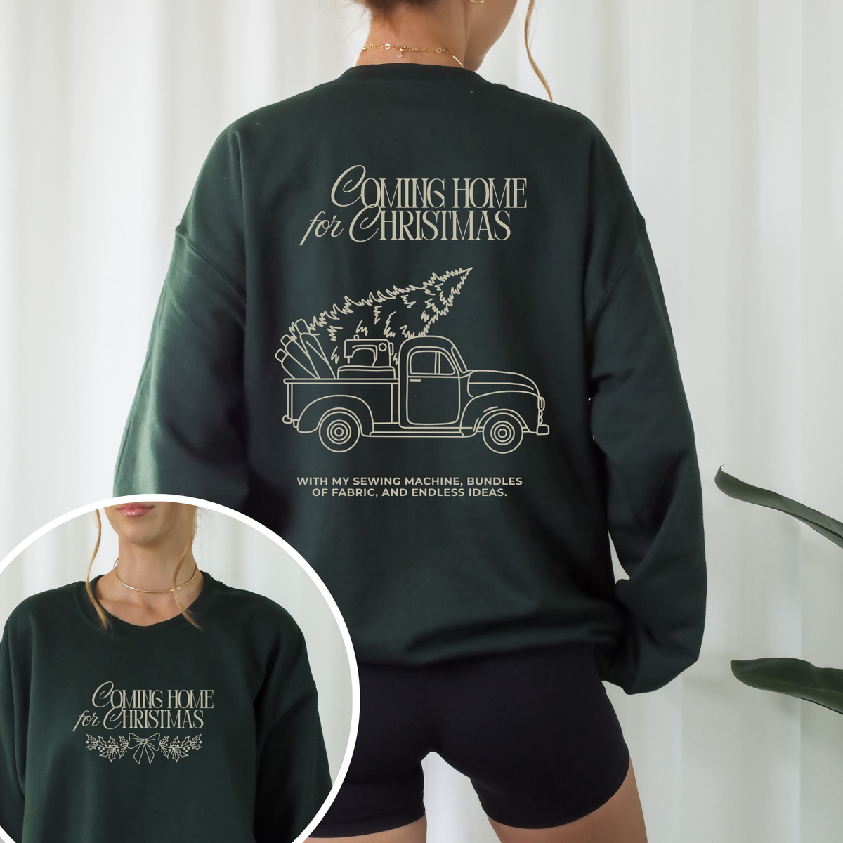 Weihnachtliche Plotterdatei Coming Home for Christmas – Truck mit Nähmaschine und Stoffrollen im Line Art Stil. Perfekt für weihnachtliche Sweater, Hoodies & DIY-Projekte für Nähliebhaber.“