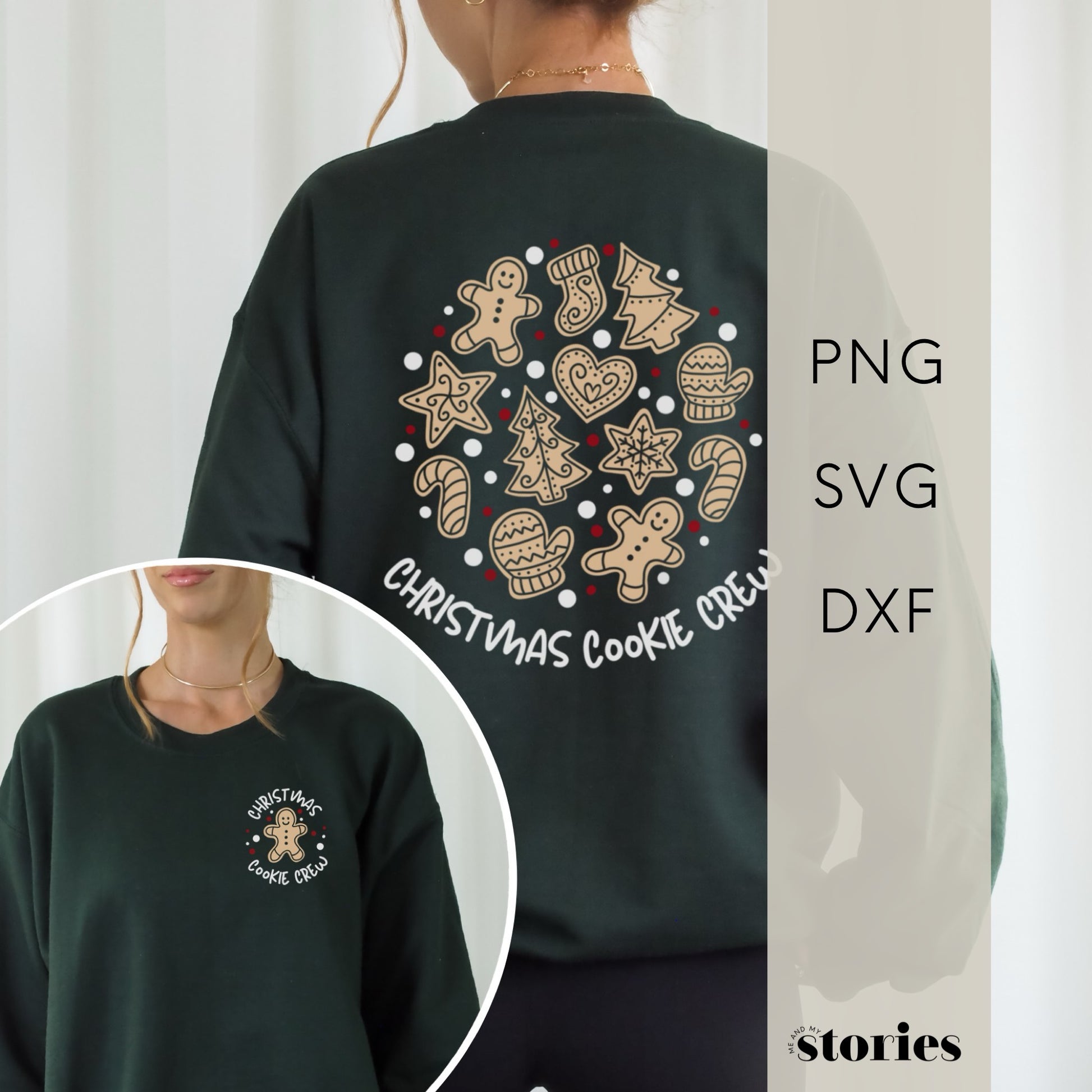 Zweiteilige Plotterdatei Weihnachten ‚Christmas Cookie Crew‘ – großer Rückenprint mit Keks-Illustrationen und kleiner Frontprint. Perfekt für Family- und Partner-Weihnachtspullis.