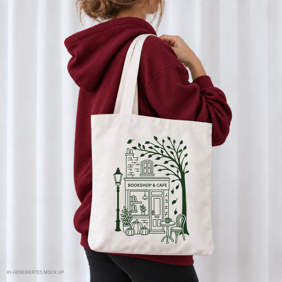 Cozy Bookshop Corner Plotterdatei mit herbstlicher Buchhandlung, Café, Kürbissen und Baum – SVG, DXF und PNG