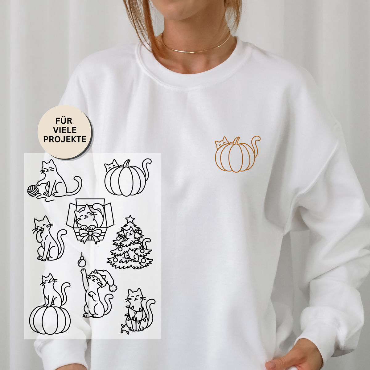 Plotterdatei Katzen Liebe mit 8 handgezeichneten Katzen Line Art Motiven, darunter Katze mit Wollknäuel, Kürbis, Geschenkbox und weihnachtlichen Motiven, als SVG, PNG und DXF.