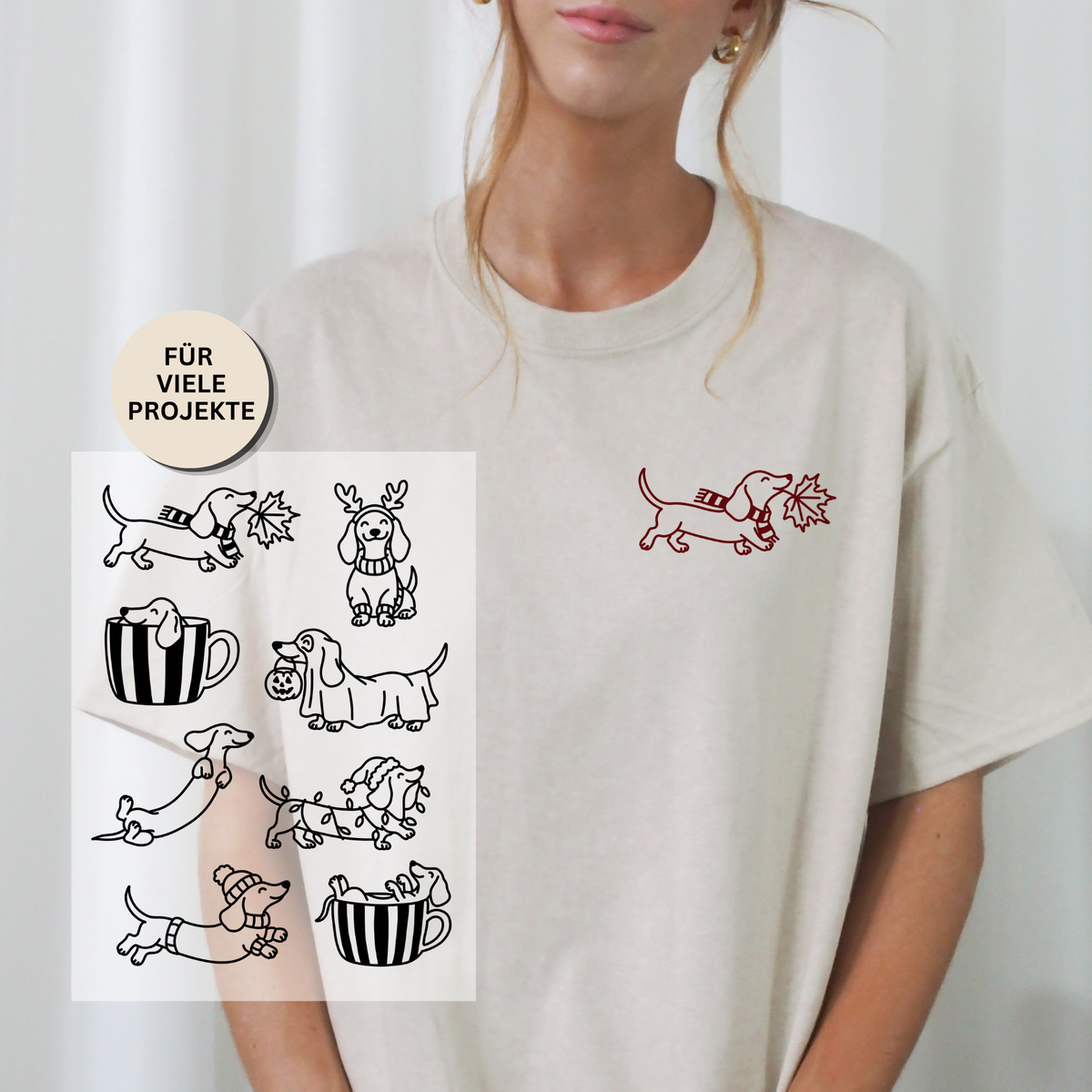 Plotterdatei Cozy Dachshunds mit 8 handgezeichneten Dackel Line Art Motiven für verschiedene Jahreszeiten, mit Kaffee, Herbst- und Weihnachtsmotiven als SVG, PNG und DXF.