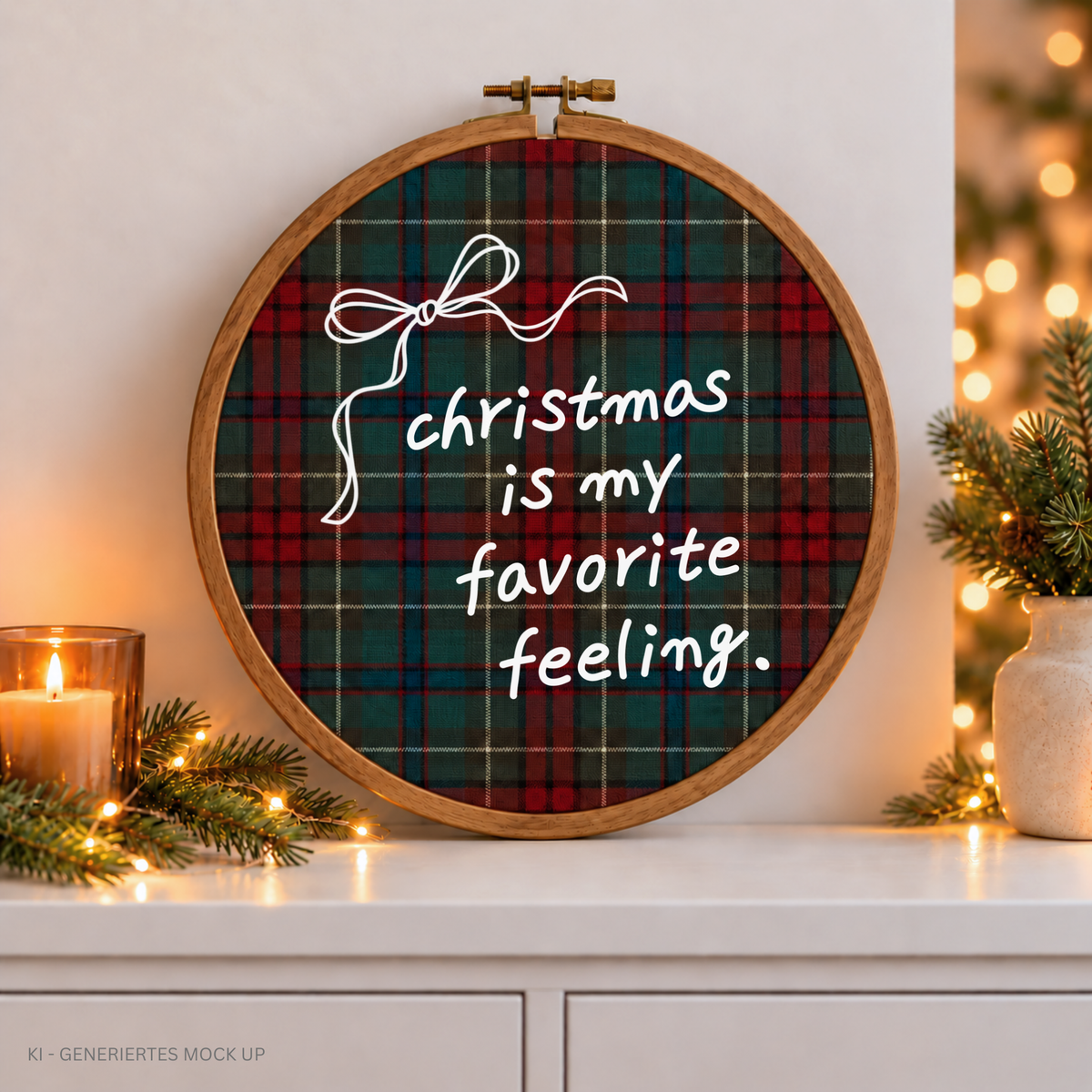Christmas Is My Favorite Feeling SVG Plotterdatei mit Schleife auf kariertem Stoff im Stickrahmen als selbstgemachte Weihnachtsdeko.