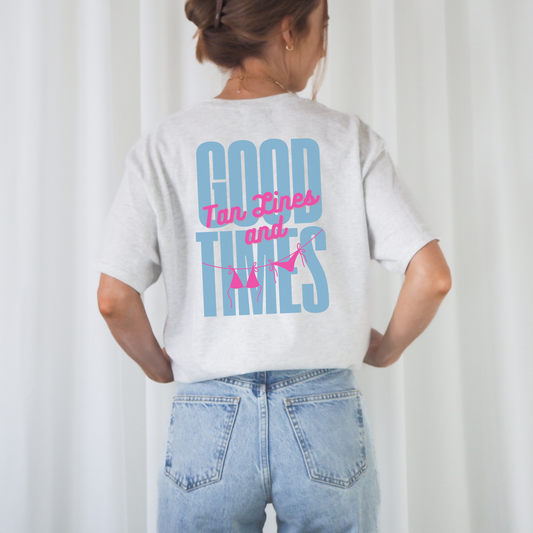 Plotterdatei „Tan Lines & Good Times“ mit sommerlichem Schriftzug und Bikini Line Art Motiv, Beach Vibes Design, SVG DXF PNG