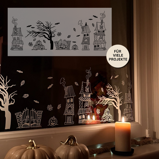 Halloween Town – Halloween Design mit gruseligen Häuschen, Kürbissen und knorrigen Bäumen. Ideal für Fensterbilder, Kissenbezüge und Halloween-Dekorationen.