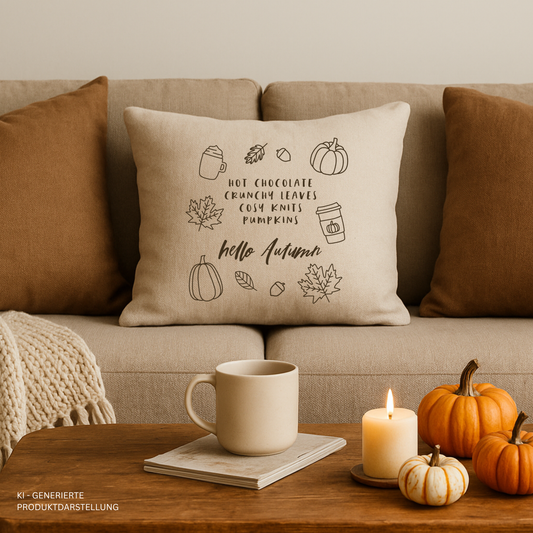 „Hello Autumn“ – Herbstliches Design mit Kürbissen, Kaffee und Blättern. Ideal für DIY-Tassen, Kerzen und Stickrahmen.
