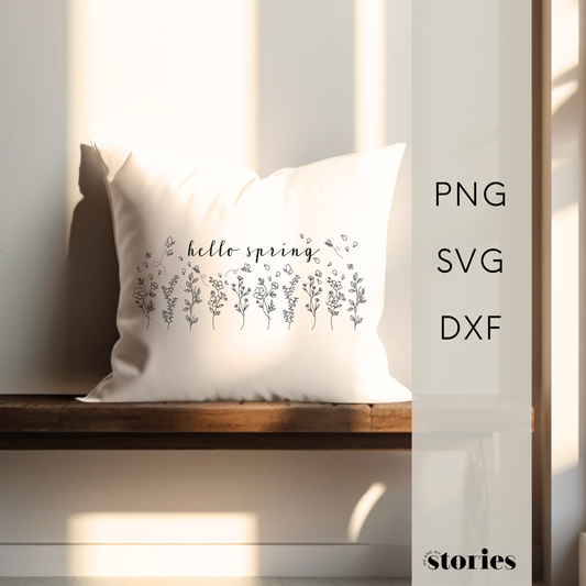 Digitale Plotterdatei mit Line Art Blumenwiese, Bienen und dem Schriftzug „hello spring“ – frühlingshaftes Design für Kissen, Fensterbilder & Taschen.