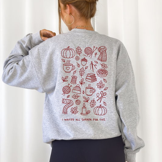 Herbstliche Plotterdatei „I waited all summer for this“ mit Kürbis, Blättern, Kerze, Strick & Kaffee im Line Art Stil – SVG DXF PNG