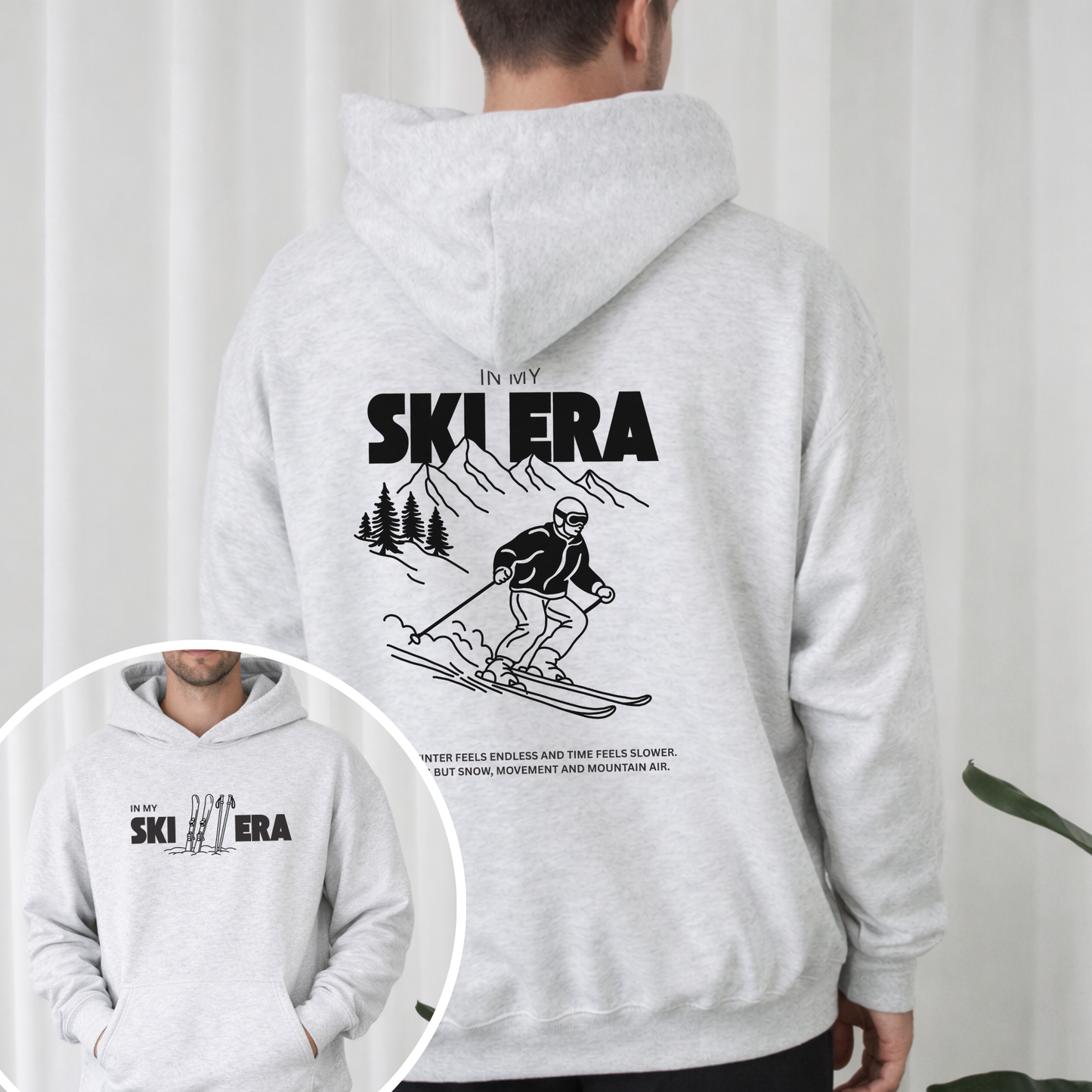 Minimalistischer Backprint mit Schriftzug „In my ski era“ – modernes Ski Plotterdesign für Winter-Shirts und Hoodies. Dezenter Frontprint „In my ski era“ – minimalistische Plotterdatei für Ski- und Winter-Styles