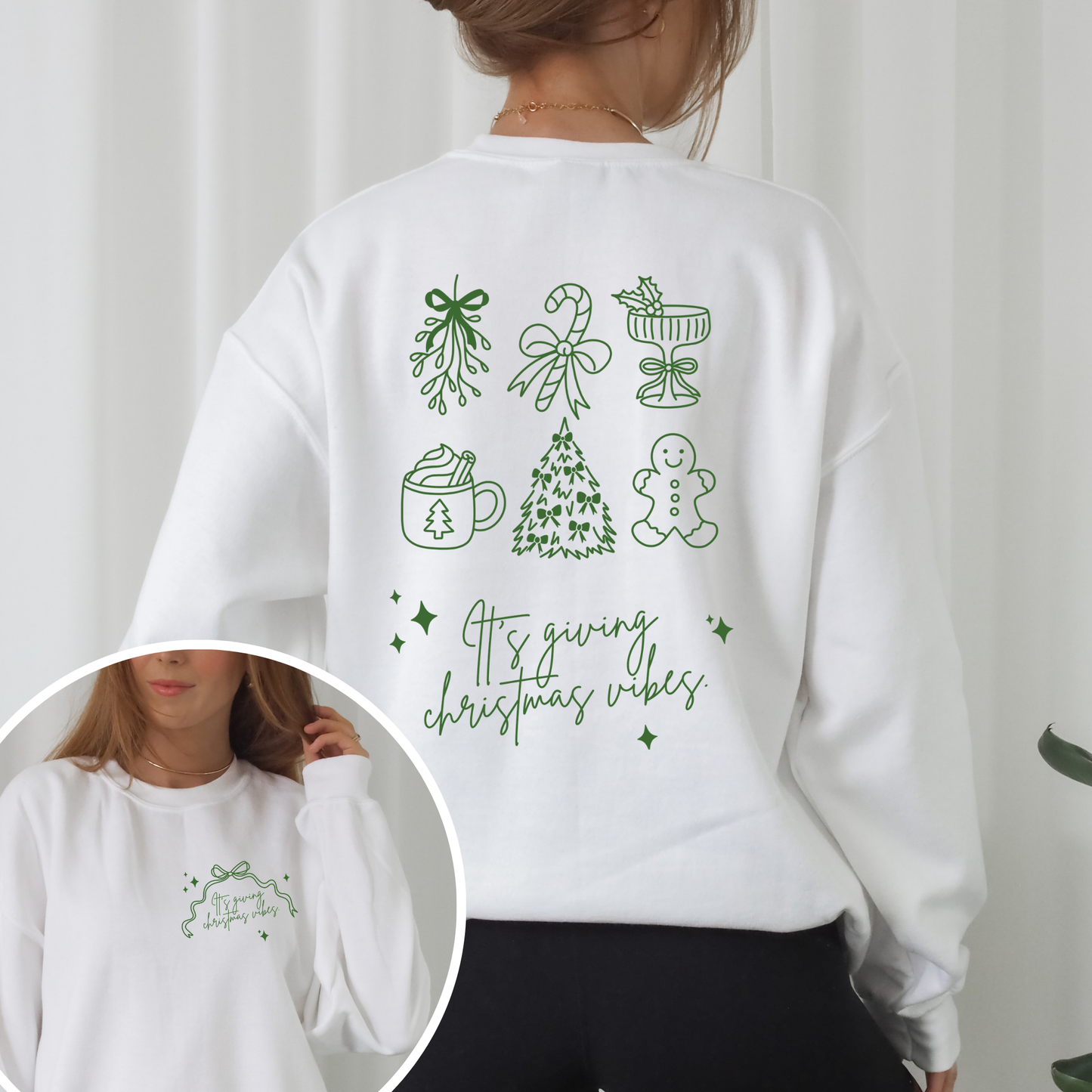 Zweiteilige Plotterdatei Weihnachten – ‚It’s giving Christmas vibes‘ mit Line Art Symbolen wie Mistelzweig, Tasse, Tannenbaum, Lebkuchen & Schleifen. Perfekt für Christmas Sweater & DIY.