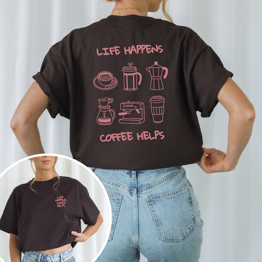 Plotterdatei „Life happens, coffee helps“ mit verschiedenen Kaffee-Illustrationen, modernes Kaffee Design für DIY-Projekte