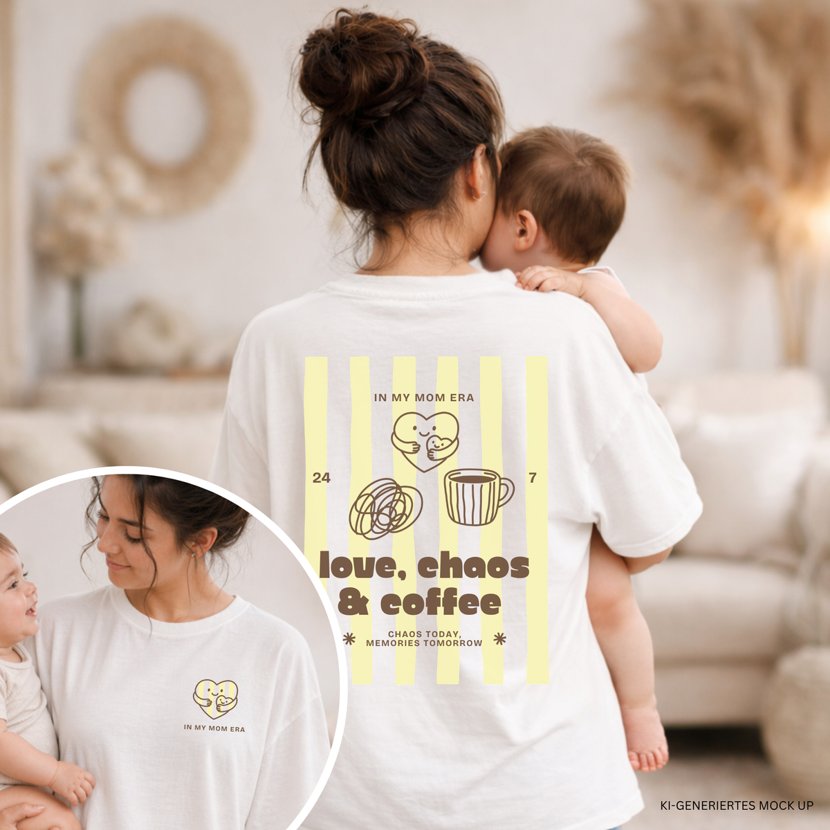 Plotterdatei „Love, Chaos & Coffee“ mit Schriftzug, Herz-Mama-Kind Motiv, Kaffee und abstrakten Elementen, Thema Mom Life, Front- & Backprint, SVG DXF PNG