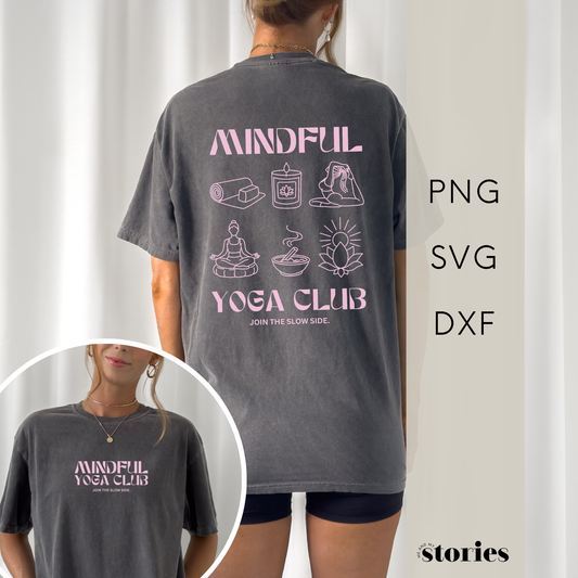 Plotterdatei „Mindful Yoga Club“ mit Front- und Backprint, minimalistische Illustrationen rund um Yoga, Meditation, Achtsamkeit, Kerze, Lotus, Yogamatte und Selfcare-Motive, SVG DXF PNG.
