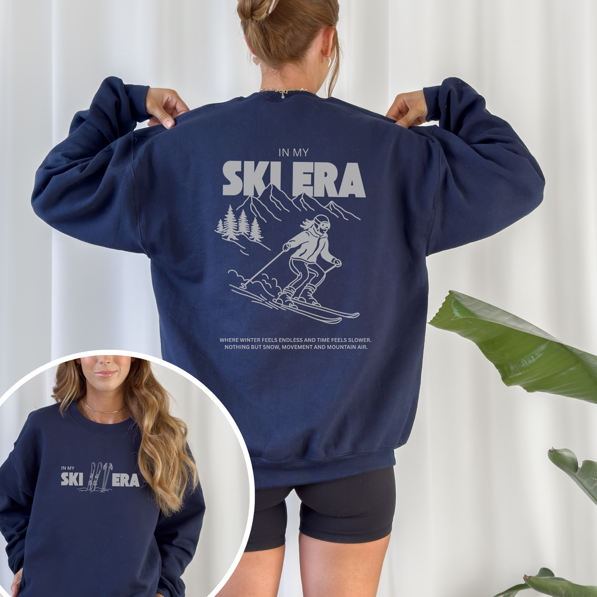 Minimalistischer Backprint mit Schriftzug „In my ski era“ – modernes Ski Plotterdesign für Winter-Shirts und Hoodies. Dezenter Frontprint „In my ski era“ – minimalistische Plotterdatei für Ski- und Winter-Styles