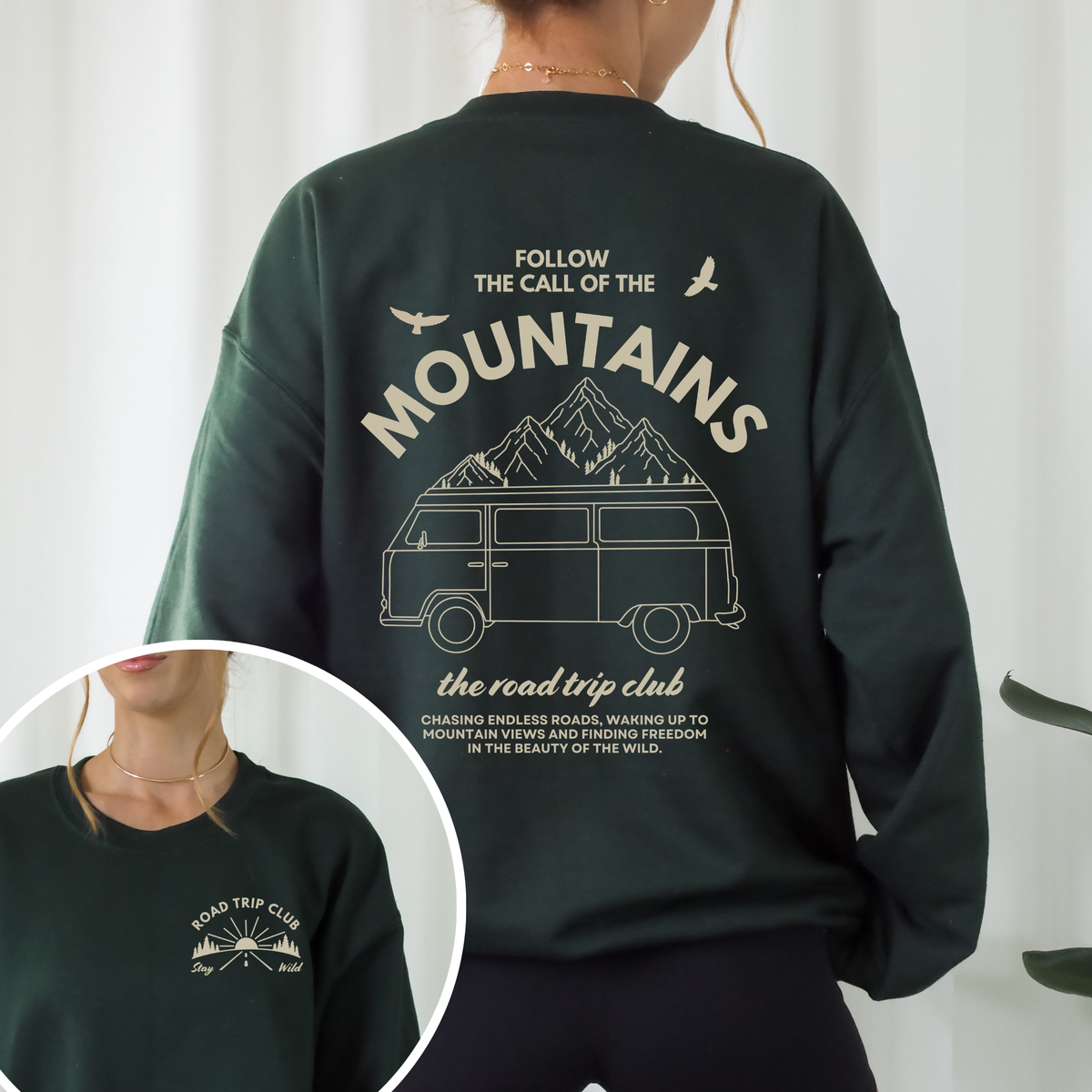 Road Trip Club Plotterdatei SVG mit Front und Backprint, Van und Bergen im Outdoor Adventure Design auf dunkelgrünem Sweater