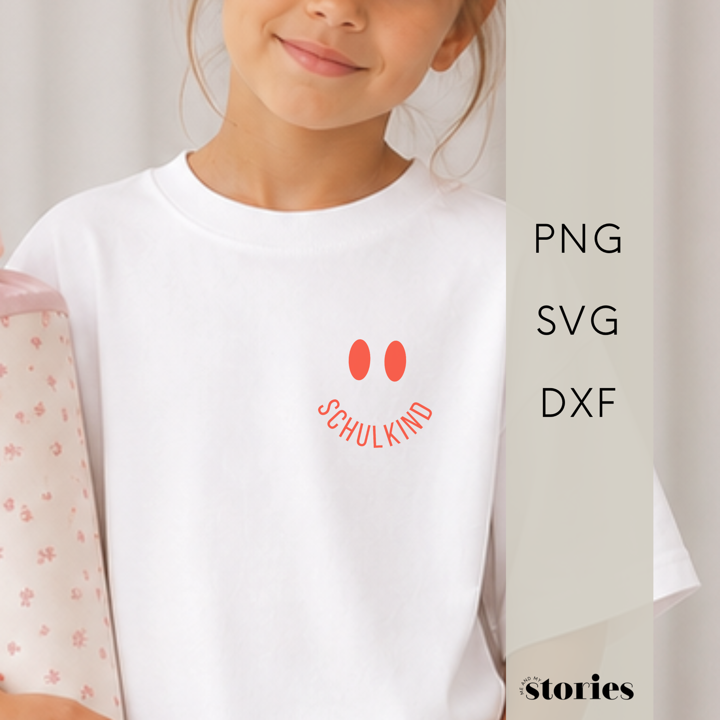 Digitale Plotterdatei „Schulkind Smiley-Gesicht“ – fröhliches Design für den Schulanfang. Ideal für T-Shirts, Taschen und Schulzubehör zur Einschulung.