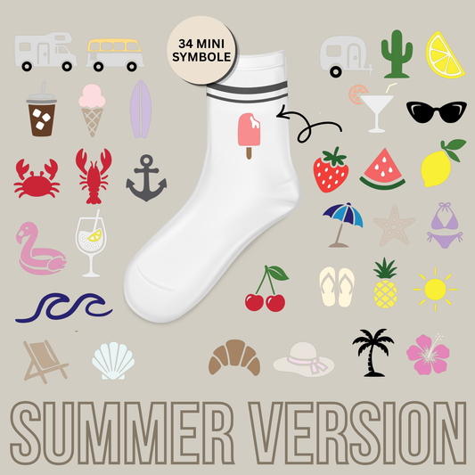 Plotterdatei Sommer Mini Motive Set mit 34 kleinen Symbolen wie Palme, Muschel, Eis, Cocktail, Wohnmobil, Surfbrett und Sonne, SVG DXF PNG