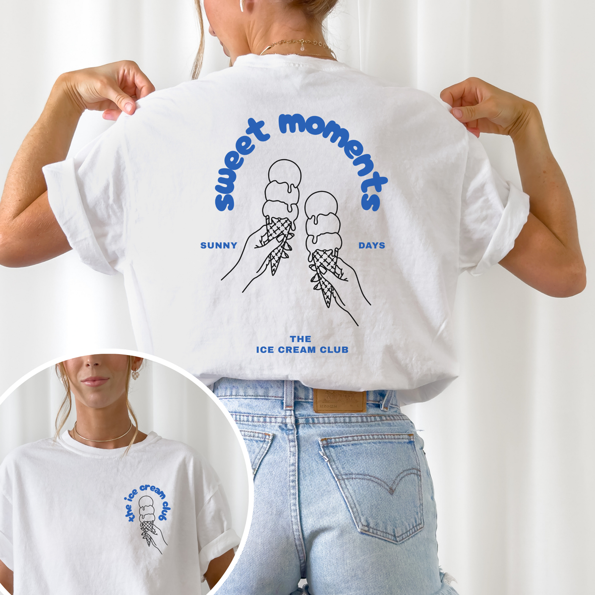 Plotterdatei „Sweet Moments“ mit zwei Eiswaffeln im Line-Art-Stil sowie Front- & Backprint für sommerliche Shirts, SVG DXF PNG
