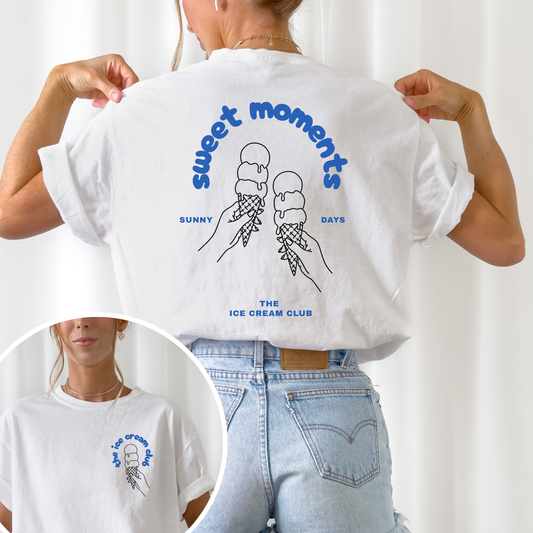 Plotterdatei „Sweet Moments“ mit zwei Eiswaffeln im Line-Art-Stil sowie Front- & Backprint für sommerliche Shirts, SVG DXF PNG