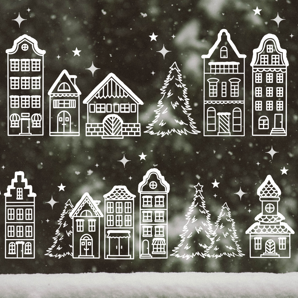 Plotterdatei SVG Winterlandschaft – skandinavische Häuserreihe mit Tannen & Sternen im Line Art Stil. Perfekt als Fensterbild Weihnachten oder Winterdeko, inklusive PDF-Vorlage zum Nachzeichnen.