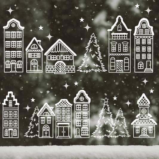 Plotterdatei SVG Winterlandschaft – skandinavische Häuserreihe mit Tannen & Sternen im Line Art Stil. Perfekt als Fensterbild Weihnachten oder Winterdeko, inklusive PDF-Vorlage zum Nachzeichnen.