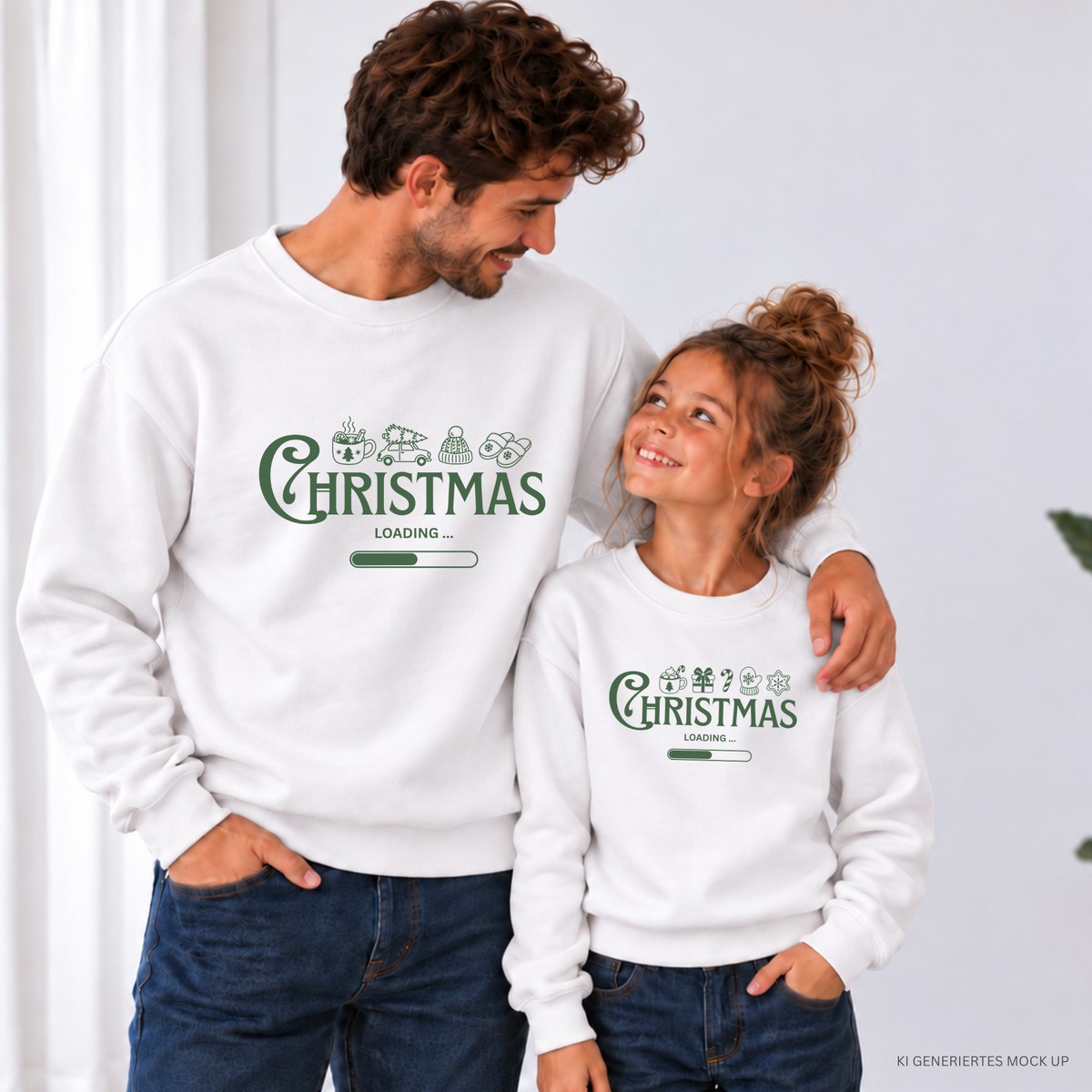 Matching Family Christmas Sweater mit Christmas Loading Plotterdatei – drei weinrote Weihnachtspullover für Mama, Papa und Kind mit individuellen Weihnachtssymbolen.